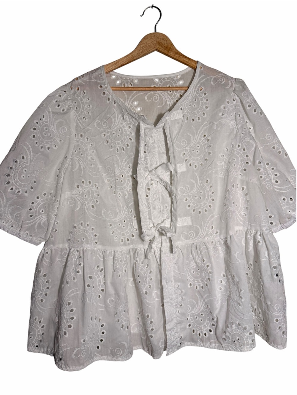 SHEIN White Eyelet Ruffle Tie Peplum Blouse